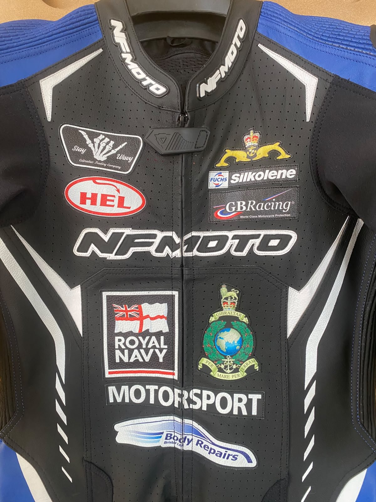 NFmoto custom leather race suit, detail view